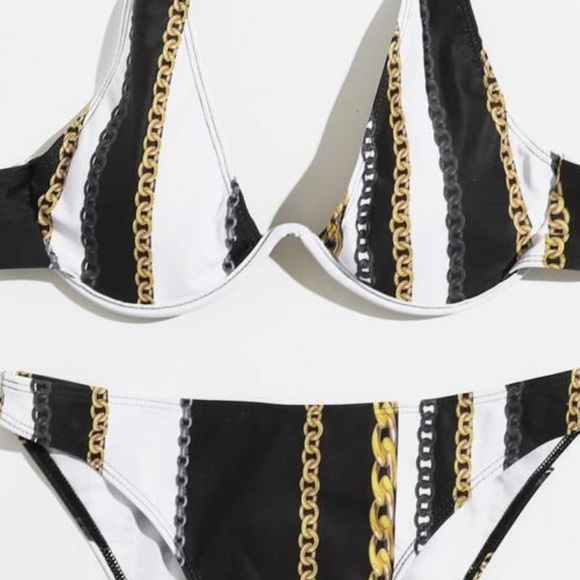 Gold Chain Print Black & White Striped Bikini Set - Picture 3 of 7